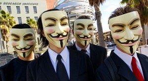 Anonymous activists in their Guy Fawkes masks. (Vincent Diamante/Wikimedia Commons)